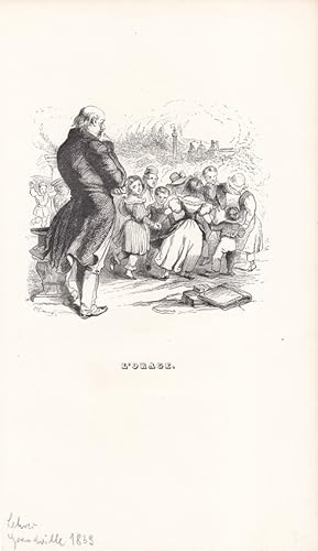 Imagen del vendedor de Lehrer, L Orage, Kinder, Schler, Holzstich um 1839 von Grandville, Blattgre: 23,5 x 13,5 cm, reine Bildgre: 11,5 x 10,5 cm. a la venta por Carl Adler's Buch- und Graphikkabinett