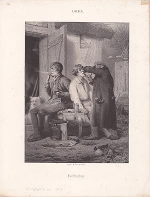 Dorfbabier, Friseur, Rasur, schöne Lithographie um 1850 mit zwei Männern beim Babier, Blattgröße:...