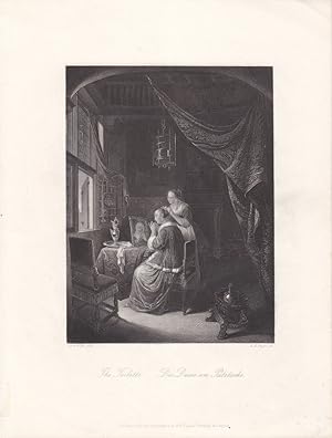 The Toilette, Die Dame am Putztische, schöner Stahlstich um 1850 von A.H. Payne nach Gerhard Dov,...