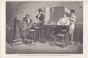 A Barbers Shop at Richmond, Virginia, Holzstich um 1860 von Eyre Crowe mit zwei Herren bei der R...