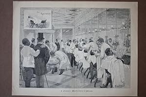 Barbiersalon in Chicago, Rasur, Rasierstuhl, großformatiger Holzstich um 1880, Blattgröße: 27 x 3...