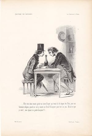 Imagen del vendedor de Wein, Mnner im Gesprch, Diskussion, Holzstich um 1840 von Gavarni, Blattgre: 26,3 x 18 cm, reine Bildgre: 17 x 11,5 cm. a la venta por Carl Adler's Buch- und Graphikkabinett