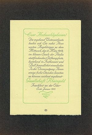 Einladungskarte der [Theater]-Gesellschaft Rheingold, Frankfurt a. d. Oder, zum Stiftungsfest 1913.