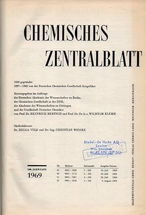 Bild des Verkufers fr Chemisches Zentralblatt 140.Jahrgang 1969 (Nr.29, 16.Juli bis Nr.32 zum Verkauf von Clivia Mueller