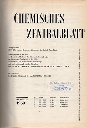 Bild des Verkufers fr Chemisches Zentralblatt 140.Jahrgang 1969 (Nr.21, 21.Mai bis Nr.24 zum Verkauf von Clivia Mueller