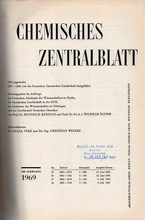 Bild des Verkufers fr Chemisches Zentralblatt 140.Jahrgang 1969 (Nr.25, 18.Juni bis Nr.28 zum Verkauf von Clivia Mueller