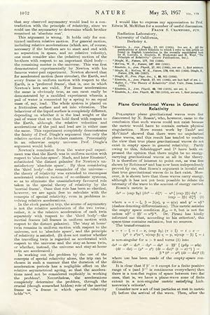 PLANE GRAVITATIONAL WAVES IN GENERAL RELATIVITY in Nature 179, May 25, 1957, pp. 1072-1073 [SEMIN...