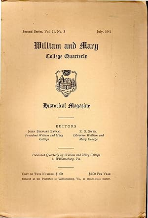 Bild des Verkufers fr William and Mary College Quarterly, Second Series, Vol. 21, No. 1: January, 1941 zum Verkauf von Dorley House Books, Inc.