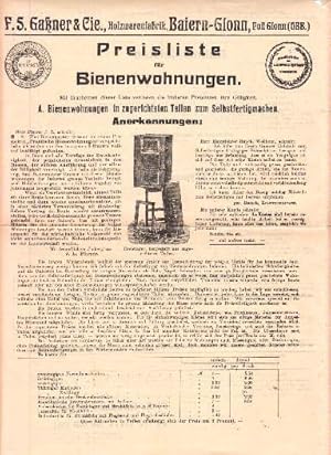 Holzwarenfabrik, Baiern-Glonn. Preisliste für Bienenwohnungen. Faltblatt mit einer Illustration.