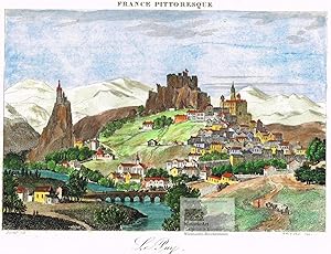 Le Puy. Schöne Ansicht von Le Puy-en-Valey mit Burg und Saint Michel auf Felsen in malerischer Be...