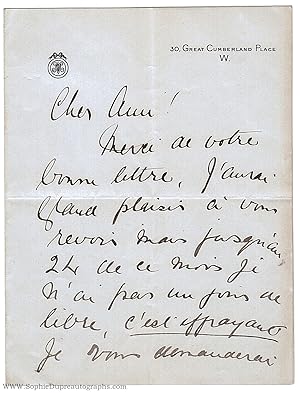 Fine Autograph letter signed in French with translation to an unnamed correspondent (Dame Nellie,...