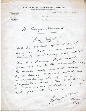 Fine Autograph letter signed "To Everyone Concerned" in 'Red Night', (Robert, 1905-1958, Actor)