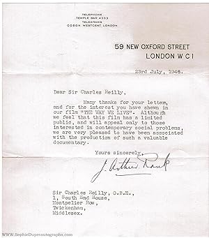 Typed Letter signed to Sir Charles Reilly (J. Arthur, 1888-1972, Film Magnate, Baron)