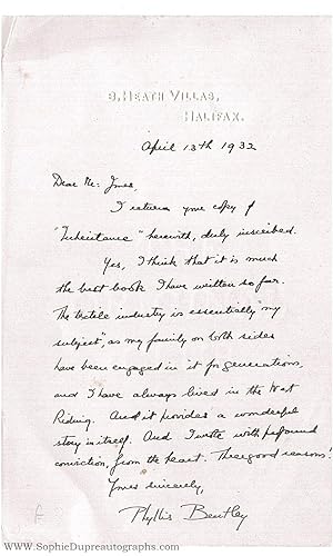 Autograph letter signed to Mr Jones (Phyllis Eleanor, 1894 -1977, English novelist)