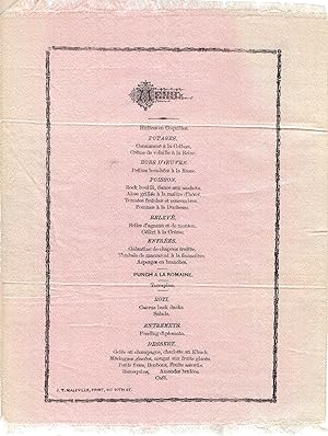 Imagen del vendedor de [ J. T. Maleville, nineteenth-century printer in Washington, DC. ] Menu printed on pink silk. a la venta por Richard M. Ford Ltd