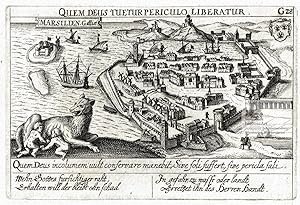 Imagen del vendedor de Marsilien Galliae. Quem Deus Tuetur Periculo Liberatur. Ansicht von Marseille mit Befestigungsanlagen, Burg, Hafen und Segelschiffen im Mittelmeer aus der Vogelschau. Original-Kupferstich mit deutsch-lateinischem Sinnspruch aus Daniel Meisners Politischem Schatzkstlein um 1630 a la venta por historicArt Antiquariat & Kunsthandlung