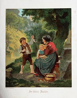 Seller image for Der kleine Fischer" originale Farb-Lithographie ca.20x17cm (Darstellung/Image size) von Lttmann nach Hiddemann auf Btten-Karton (25x20cm) for sale by Kunsthandel & Antiquariat Magister Ru