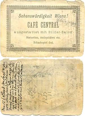 Seller image for Caf Central. Sehenswrdigkeit Wiens! Ausgestattet mit Bilder-Salon, Statuetten, Antiquitten etc. Schachspiel frei. [Carte des Visits] for sale by Antiquariat Weinek