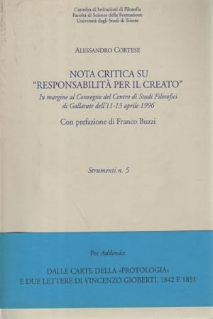 Image du vendeur pour Nota critica su Responsabilit per il creato In margine al Convegno del Centro di Studi Filosofici di Gallarate dell'11-13 aprile 1996 mis en vente par Di Mano in Mano Soc. Coop