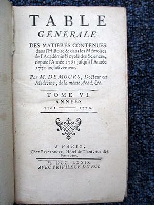 Bild des Verkufers fr Table Generale Des Matieres Contenues dans l'Histoire & les Mmoires de l ' Acadmie Royale des Sciences depuis l ' Anne 1761 Jusqua 1770. Tome VI zum Verkauf von Tony Hutchinson