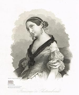 Francoise de Chateaubriand. Halbfigur im Kleid mit Haarschmuck, Ohrringen und Tuch. Original-Stah...