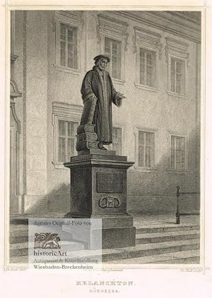 Image du vendeur pour Melanchton. Ansicht des Melanchthon-Denkmals im Predigergewand mit Mtze und Folianten auf dem Egidienplatz in Nrnberg. Original-Stahlstich von und nach Riedt bei Koehler um 1862 mis en vente par historicArt Antiquariat & Kunsthandlung