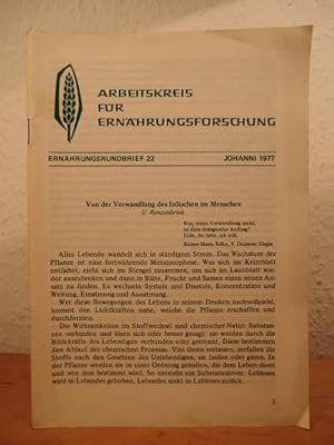 Bild des Verkufers fr Ernhrungsrundbrief Nr. 22. Ausgabe Johanni 1977 zum Verkauf von Antiquariat Weber