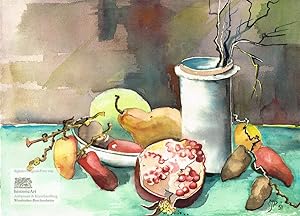 Stillleben mit Granatapfel, Birne, Melone und Paprika. Aquarell von Josefine Paschke 1991