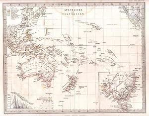 Stahlstichkarte mit Grenzkolorit uns kleiner Nebenkarte von Queensland und Tasmanien.