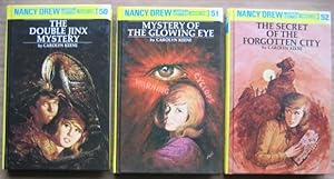 Immagine del venditore per Nancy Drew Mystery: (grouping) # 50 The Double Jinx Mystery; # 51 Mystery of the Glowing Eye; # 52 The Secret of the Forgotten City; -(three hard cover "Nancy Drew Mysteries")- venduto da Nessa Books