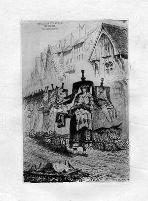 "Marche de volailles" - Bresse eau forte gravure etching Radierung