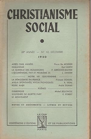 Image du vendeur pour CHRISTIANISME SOCIAL 58e Anne  N 12 Dcembre 1950 mis en vente par Bouquinerie L'Ivre Livre