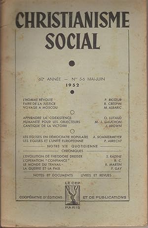 Seller image for CHRISTIANISME SOCIAL 60e Anne  N 5-6 Mai-Juin 1952 for sale by Bouquinerie L'Ivre Livre