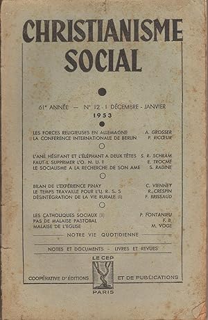 Seller image for CHRISTIANISME SOCIAL 61e Anne  N 12-1 Dcembre (1952)  Janvier 1953 for sale by Bouquinerie L'Ivre Livre