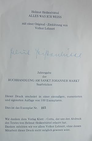 Alles was ich weiss. Mit einer Original-Zinkätzung von Volker Lehnert.