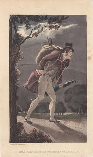 Wanderer, bei Nacht, Schirm, Mondschein ,altkolorierte Aquatinta um 1820 nach Rowlandson, Blattgr...