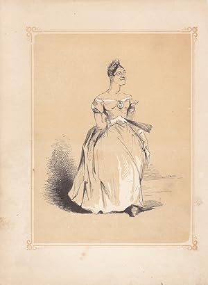 Festliches Kleid, Fächer, Ball, Frauenkarikatur, getönter Holzstich um 1850 von H. Vizetelly, Bla...