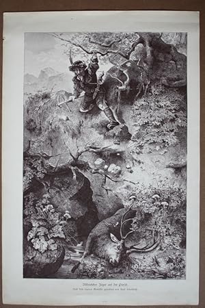 Altdeutscher Jäger auf der Pürsch, Holzstich um 1877 nach Karl Schultheiß, Blattgröße: 41 x 27,5 ...