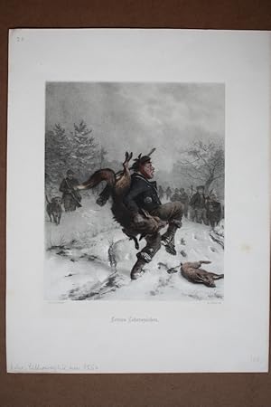 Letztes Lebenszeichen, Fuchs, Jäger, Biss, altkolorierte Lithographie um 1850 von M. Ulffers nach...