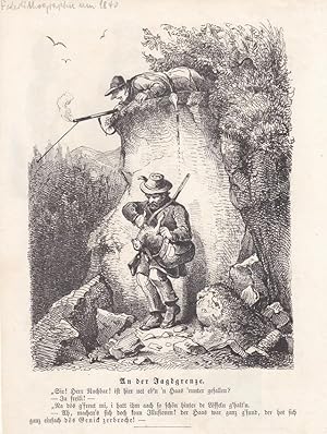 Hase, Jäger, Geweher, An der Jagdgrenze, Federlithograhie um 1840, Blattgröße: 25 x 19 cm, reine ...