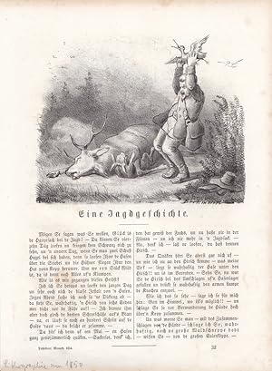 Eine Jagdgeschichte, Reh, Hase, Jäger, Lithographie um 1850