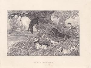 Otter hunting, Jagd, Hunde, Jäger, Stahlstich um 1860, Blattgröße: 13 x 17,5 cm, reine Bildgröße:...