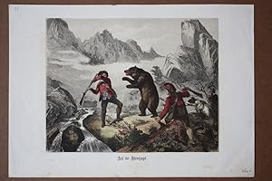 Auf der Bärenjagd, Gewehre, Jäger, Hund, altkolorierter Holzstich um 1875, Blattgröße: 22 x 31,5 ...