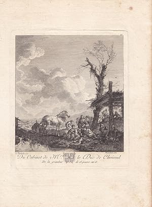 Pferd, Esel, Bauern, Kupferstich 1771 von C. Weisbrod nach Wouvermans, Blattgröße: 25,7 x 18,3 cm...