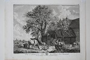 Rinder, Bauernhof, Schweine, Stall, französischer Kupferstich um 1770 nach A.D. van Velde, Blattg...