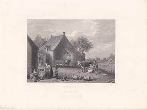 A Farm Yard, Bauernhof, Rinder, Stahlstich um 1850 von F.J. Havell nach Teniers, Blattgröße: 20,5...