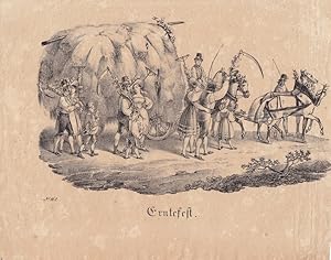 Ernefest, Pferdefuhrwerk, Bauern, Heuwagen, Lithographie um 1830, Blattgröße: 18,5 x 23 cm, reine...