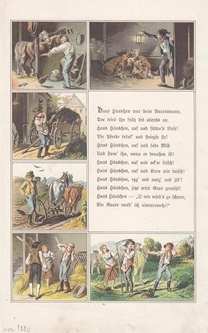 Bauern, Rinder, Pferde, Ernte, Hänschen, altkolorierte Lithographie um 1880 mit sechs Einzelabbil...