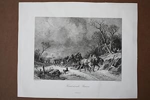 Heimkehrende Bauern, Schnee, Winter, Schlitten Pferde, Radierung um 1875 von L. Friedrich nach Ad...