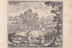 Ernte, Getreide, Bauern, Dorf, kleinformatiger Kupferstich um 1750, Blattgröße: 9,2 x 13,5 cm, re...